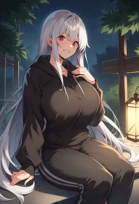 score_9, score_8_up, score_7_up, source_anime, 1girl, solo, red eyed, very long white hair, black hoodie, black sweatpants, curvy, forest, smiling, sitting, (night, dark lighting), <lora:Kloah-Style-PonyXL-Dora-v1.2-000055:1>