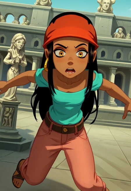 masterpiece, very detailled character, ((masterpiece)), (best quality:1.5), (highres:1.4), (ultra-detailed body), (intricate details), (dynamic angle), (highest quality:1.12)
score_99 score_89_up score_79_up uncensored, show accurate, perfect anatomy,
dark tanned skin, amber eyes. long black hair,
wear white lace shirt, pink large pants, red bandana, golden earring,
jumping in
outdoor, statues in background
