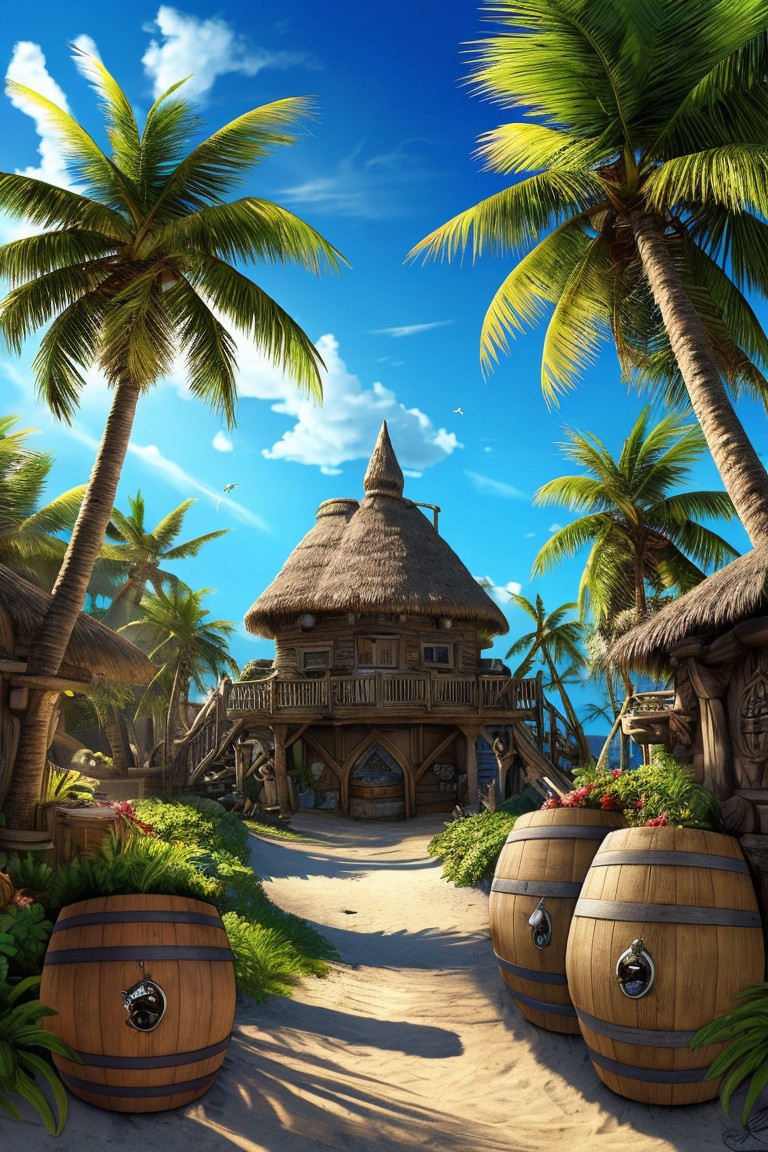 (illustration:1.2), (beautiful caribbean beach pirate landscape), fantasy, sharp focus, (ultradetailed), (ship galleon:1.2), pirate (village), leafy beach coast, (treasure chest with coins, gems and jewels, rum barrel, best quality masterpiece, bright sunny sky, backlight, natural lights, high contrast, hdr, shadows, pretty, beautiful, (PirateDiffusionprt:0.5), PrateT,