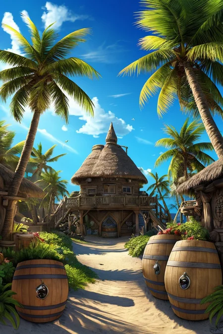 (illustration:1.2), (beautiful caribbean beach pirate landscape), fantasy, sharp focus, (ultradetailed), (ship galleon:1.2), pirate (village), leafy beach coast, (treasure chest with coins, gems and jewels, rum barrel, best quality masterpiece, bright sunny sky, backlight, natural lights, high contrast, hdr, shadows, pretty, beautiful, (PirateDiffusionprt:0.5), PrateT,