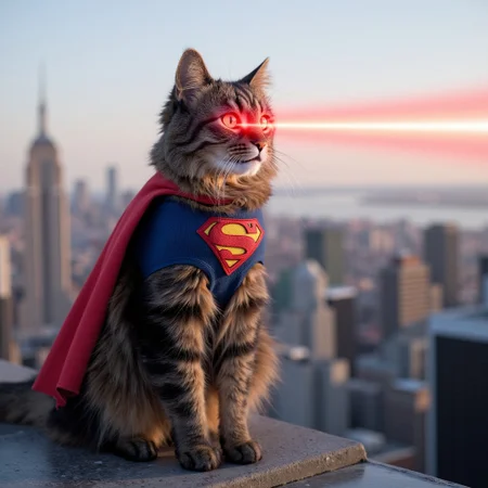fluffy, medium-sized cat named Allie with a mottled coat featuring dark brown and black tabby stripes wearing a superman outfit and standing on the top of a skyscraper she is shooting red lasers from her eyes