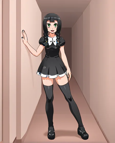<lora:gakuen_kantai_style_ForPony_r1:1> Lillie (pokemon), bratty, dress, thighhighs, goth, braids, inside a corridor