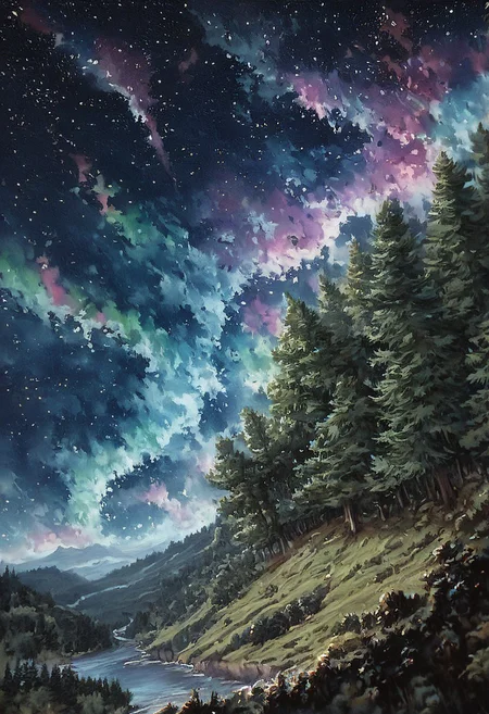score_9, score_8_up, score_7_up, (detailed trees), detailed landscape, beautiful stars view, bright stars, anime landscape, close shot, cliff, crooked trees, (night), brutal waves, beautiful oil matte painting, epic, style of thomas kinkade, beautiful digital painting, epic painting, dreamlike digital painting, colorful painting