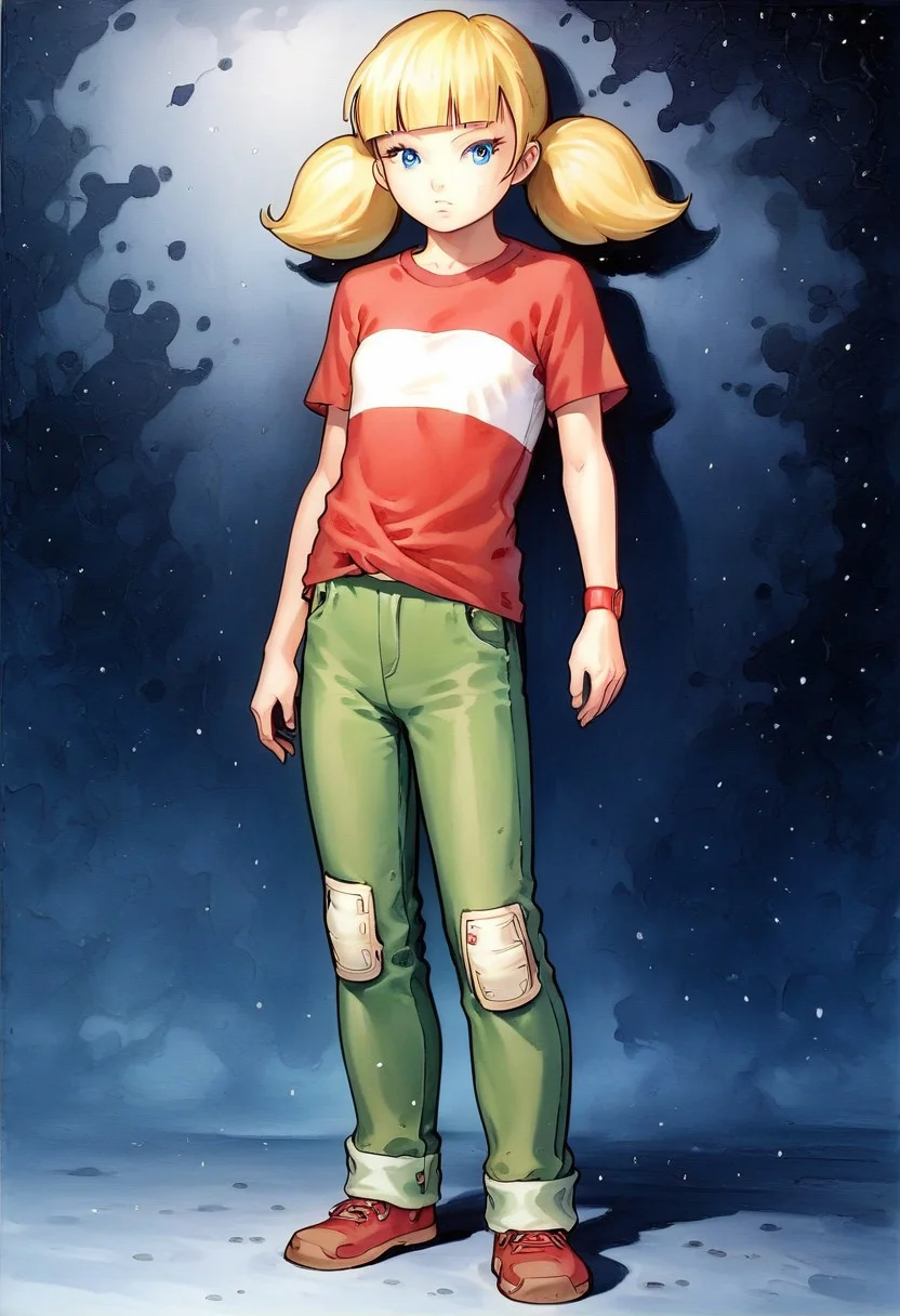 score_8, score_8_up, score_7_up, score_6_up, traditional media, ayami_style, source_painting, 2d illustration, gloomy colors, dark aura, BREAK, 1girl, solo, female focus, penny_ig, blonde hair, twintails, blue eyes, red shirt, stripe, green pants, knee patch, flat chest, full body, standing, simple background, dark background