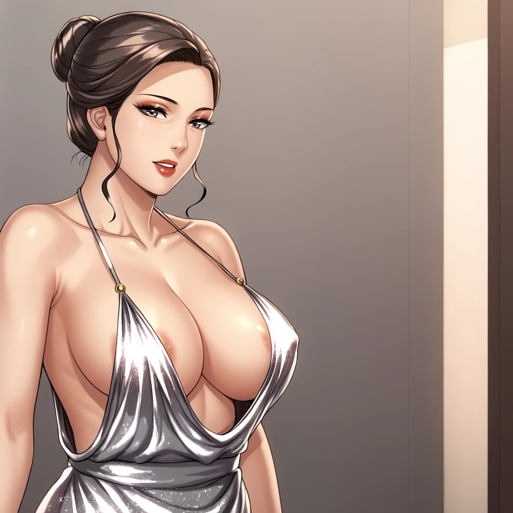 <lora:MrsAhn_pony_v1:.8> MrsAhn, 1girl, solo, mature female, brown hair, large breasts, brown eyes, single hair bun,, lipstick,eyeshadow, cowboy shot, <lora:luxurious-wheels-ponyxl-lora-nochekaiser:1> luxurious wheels, silver dress, cowl neck, evening gown, plunging neckline, cleavage, collarbone, bare shulders, halter dress, backless dress, underboob, sideboob, areola,