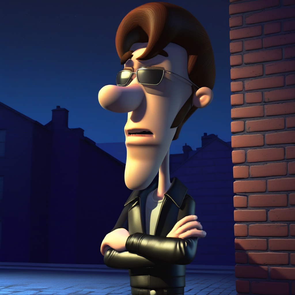 masterpiece, best quality, absurdres, 3d, 1boy, male focus, solo, C_H_N_JN, brown hair, pompadour, sideburns, sunglasses, leather jacket, white shirt, upper body, crossed arms, looking at viewer, disdain, frown, brick wall, night