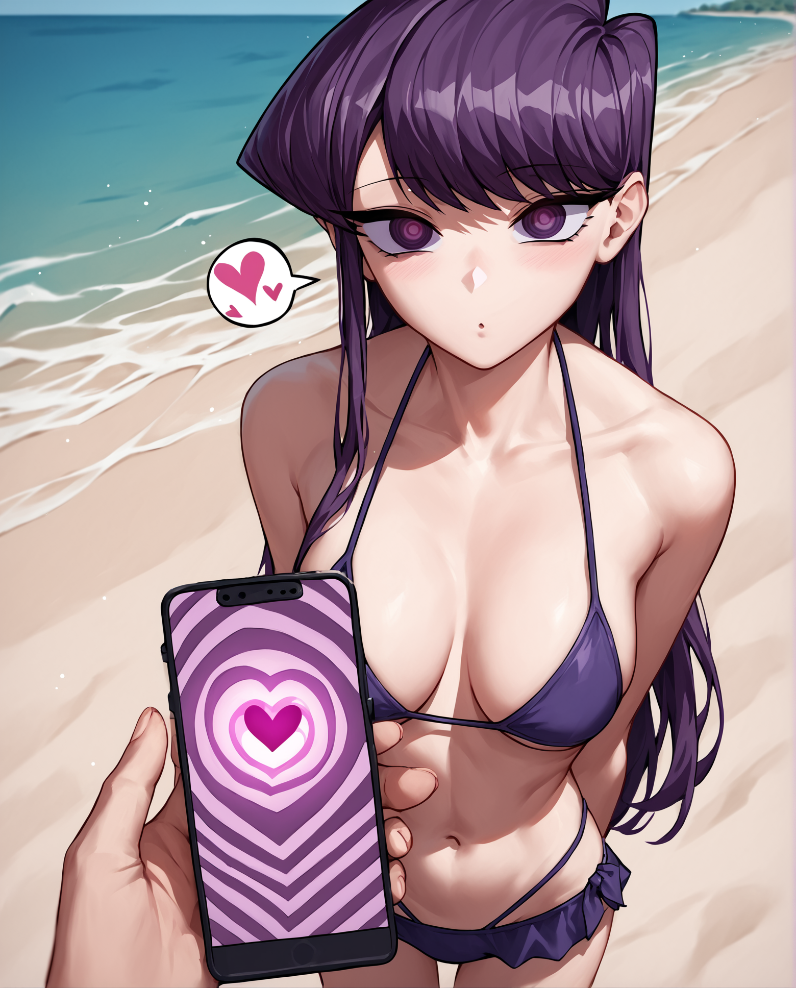 score_9, score_8_up, score_7_up, source_anime BREAK 1girl, pov, phone, Komi Shouko, mind control, hypnosis app, purple hair, purple eyes, looking at viewer, hears, beach, bikini, standing, outdoors, blank eyes, <lora:Hypno_App_POV:1>, heart, eye symbol, rating_questionable