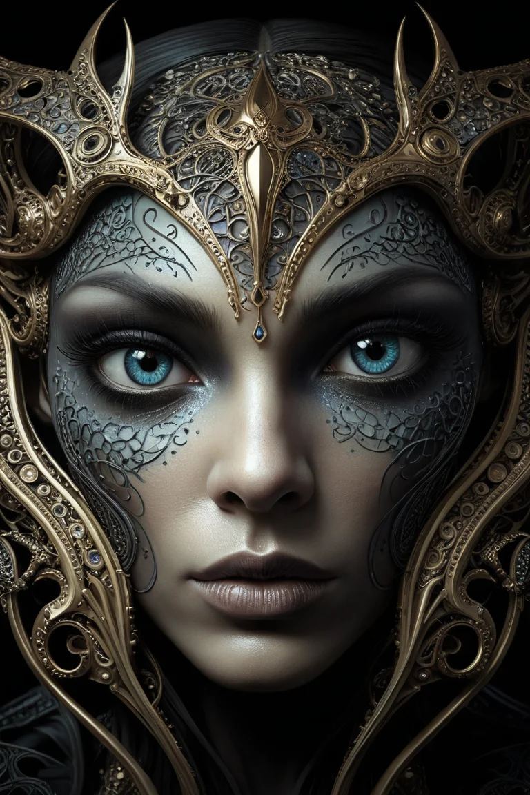 Gothic style famous artwork by (terese nielsen:1.2), (dramatic scene:1.1), (fractal art:1.1), fantasy style, dynamic angle,
female [Lion:alien:.2] looking Pensive, Eyes focused inward, brow furrowed, and lips pursed. into the camera  <lora:add-detail-xl:3> . Dark, mysterious, haunting, dramatic, ornate, detailed