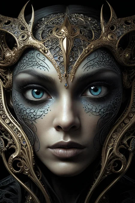 Gothic style famous artwork by (terese nielsen:1.2), (dramatic scene:1.1), (fractal art:1.1), fantasy style, dynamic angle,
female [Lion:alien:.2] looking Pensive, Eyes focused inward, brow furrowed, and lips pursed. into the camera  <lora:add-detail-xl:3> . Dark, mysterious, haunting, dramatic, ornate, detailed