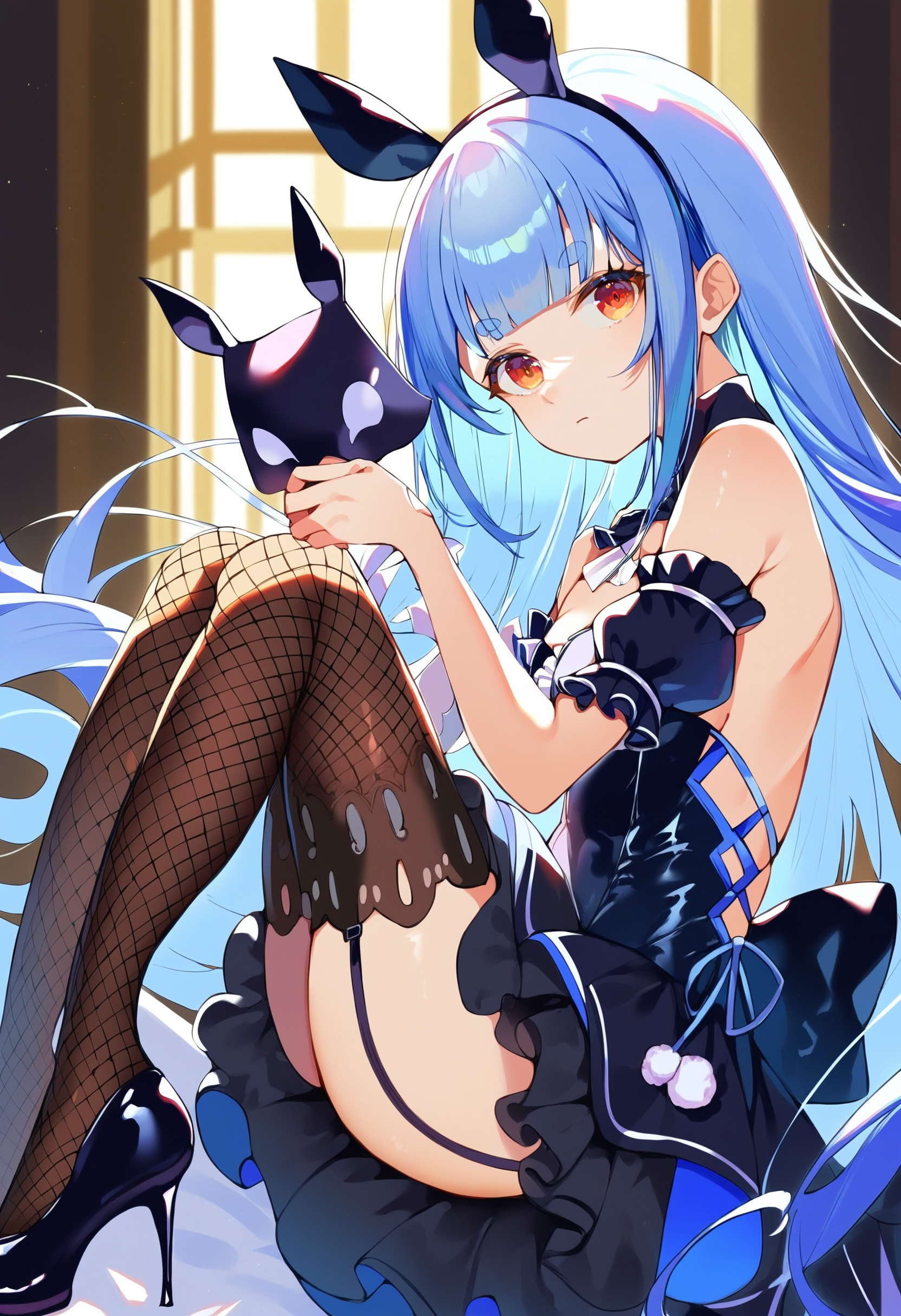 score_9, score_8_up, score_7_up, score_6_up, source anime,
usada pekora, very long hair, official alternate hairstyle,
usada pekora bunnydress, fake animal ears, garter straps, fishnet thighhighs, black thighhighs, black dress, detached sleeves, puffy short sleeves, playboy bunny, detached collar, frills, shiny clothes, black footwear, high heels,
indoors, backlighting, knees up, holding mask, from side, looking at viewer, closed mouth
<lora:usada_pekora_v1:1>