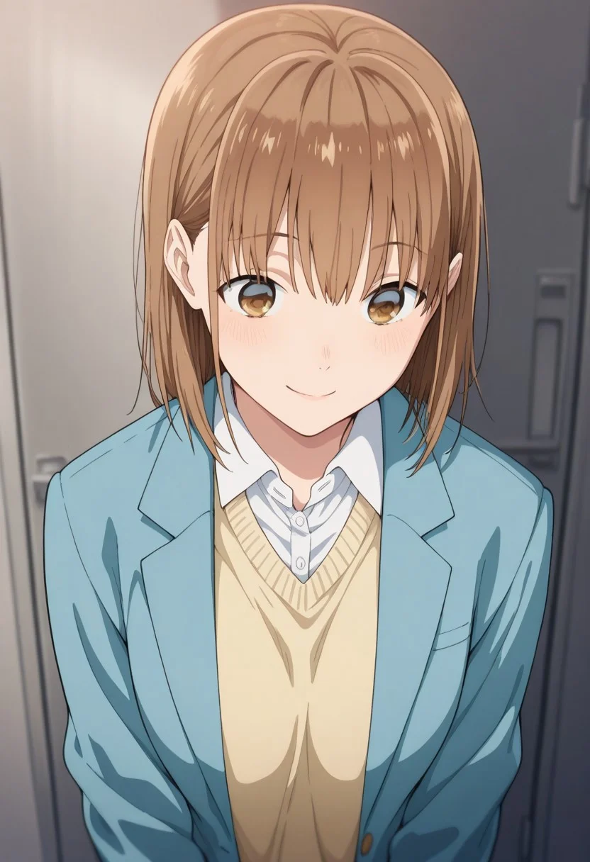 masterpiece,best quality,amazing quality,
chinatsu, 1girl, solo, brown eyes, brown hair, bangs, school uniform, shirt, white shirt, collared shirt, cardigan, jacket, blazer, blue jacket, long sleeves, open jacket, open clothes, smile,