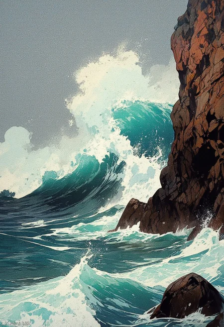 A dramatic seascape depicting powerful ocean waves crashing against jagged coastal rocks. The scene captures the raw energy of the sea as towering waves surge forward, exploding into a misty spray upon impact. The water is a deep, stormy blue with streaks of turquoise and white foam swirling in the chaotic motion. The sky is overcast, with a muted gray tone that enhances the moody and intense atmosphere. The rugged rock formations, worn by time and tides, stand resilient against the relentless waves, their earthy browns and sharp edges contrasting with the fluid motion of the water. Droplets and mist scatter through the air, catching the faint light, adding a dynamic and immersive effect. The art style is semi-realistic with painterly brushstrokes, evoking the powerful, untamed beauty of nature.
,  anime, cyberpunk