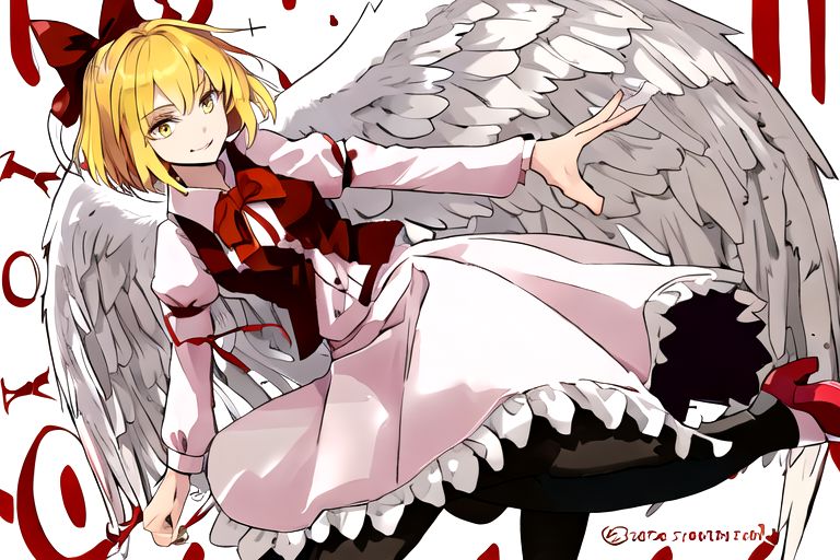 solo_focus, 1girl, ((white background, simple background)):2, (((masterpiece))), ((best quality)), ((ultra-detailed)), high resolution, absurdres, highres, ultra-detailed 8k unity wallpaper, 
solo, 1girl, gengetsu, 
arcueid_\(tsukihime\), 
solo, 1girl, smile, short_hair, shirt, breasts, blonde_hair, bow, long_sleeves, skirt, ribbon, dress, yellow_eyes, hair_bow, thighs, collared_shirt, red_bow, wings, vest, bowtie, black_pantyhose, red_vest, pink_shirt, red_bowtie, feathered_wings, pink_dress, open_vest, white_shirt_white_skirt, white_shoes, blonde_short_hair, red_head_bow_ribbon, one_piece_head_bow_ribbon, bow_ribbon, white_angel_wings, white_drees, brown_vest, wear_outside, twin_wings,