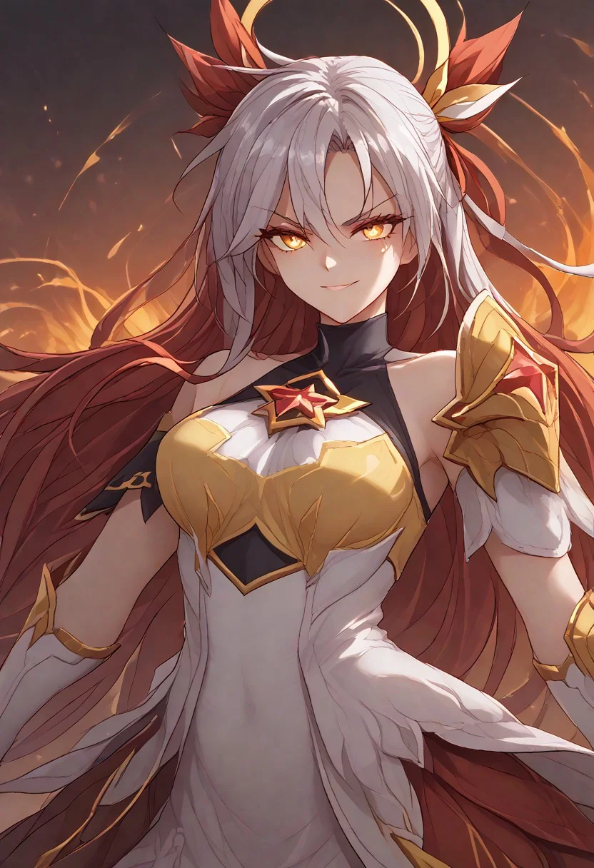best quality, anime style, 1girl, silver hair, red glowing hair locks, solo, symbol-shaped pupils, yellow eyes, star guardian (league of legends), bare shoulders, white dress, golden dress, waero, long hair, El_Mas, armored dress, star (symbol), multicolored hair, busty, big tits, glowing hair, glowing eyes, gold armor, metal glow, shoulder armor, armor, fire, fire halo, fire magic, jewelry, flames, fire aura, dynamic pose, colorful, El_Flm, fire hair, smirking, shoulderguards, metal gloves