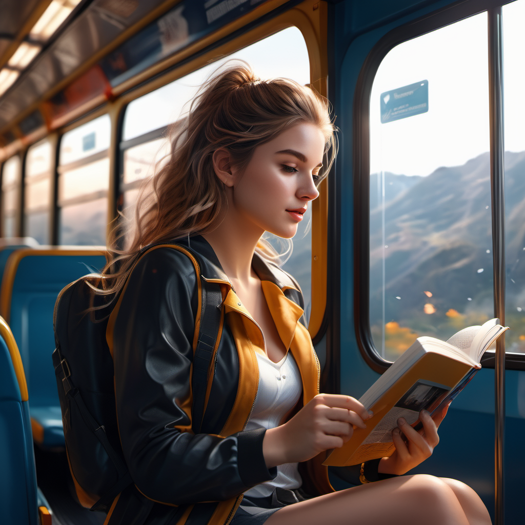 GWMDetail, 1girl, beautiful, solo, (establishing shot:1.5), (side view:1.5), in a bus, reading, highly detailed face and body, hyper realistic, best quality, high quality, masterpiece, 8K UHD, highly detailed, ultra detailed <lora:GWMDetail_v1.0:1>