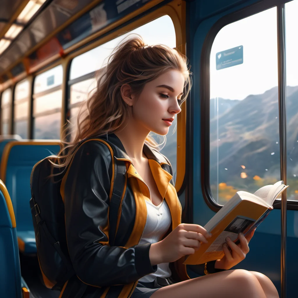 GWMDetail, 1girl, beautiful, solo, (establishing shot:1.5), (side view:1.5), in a bus, reading, highly detailed face and body, hyper realistic, best quality, high quality, masterpiece, 8K UHD, highly detailed, ultra detailed <lora:GWMDetail_v1.0:1>