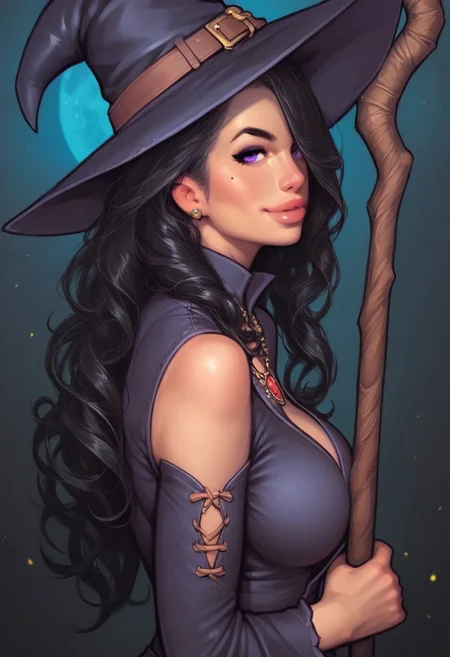 1girl, illustration, looking at viewer, highly detailed, source_comic_illustrationskinny, looking at viewer, 1girl, masterpiece, best quality, ((((side view)))), source_photo, source_real, 1girl, solo, long hair, breasts, looking at viewer, witch skirt, witch hat, black hair, thighhighs, jewelry, purple eyes, belt, necklace, mole, lips, wavy hair, side slit, long skirt, realistic, long legs, curvy hips
BREAK
slight smile, looking at viewer, ((a staff with a luminous top:1.3))
long hair, red hair, hair over one eye, big hair, BREAK
best quality, depth of field, bokeh, (((full clothed)))
BREAK
((night, outdoors, sky, full moon background)) score_9, score_8_up, score_7_up, score_6_up, source_cartoon, rating_explicit, Expressiveh, ((((upper body))))), dynamic pose, dynamic pose