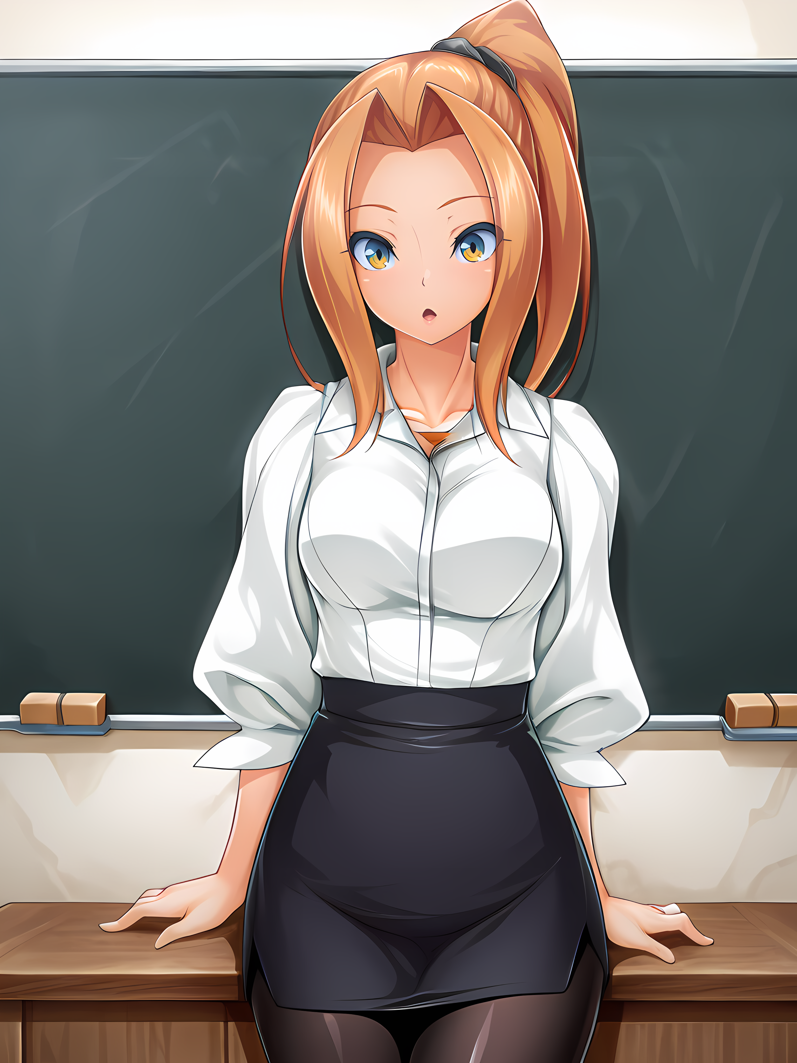 kaede,inoino,teacher outfit,standing,indoors,medium breasts,<lora:Kaede_-_Exs-Tia:1>,looking at viewer,:o,pantyhose,cowboy shot,, masterpiece,best quality,amazing quality,