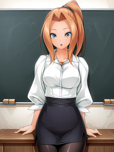 kaede,inoino,teacher outfit,standing,indoors,medium breasts,<lora:Kaede_-_Exs-Tia:1>,looking at viewer,:o,pantyhose,cowboy shot,, masterpiece,best quality,amazing quality,