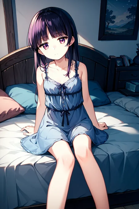 score_9, score_8_up, score_7_up, score_6_up, rating_safe, source_anime, best quality, masterpiece, detailed background, cowboy shot, bedroom, sitting on bed, blue nightgown, sleepy, tired, rubbing face, <lora:habane-kotori-xl-04:1>, habane kotori, magenta eyes, small breasts,