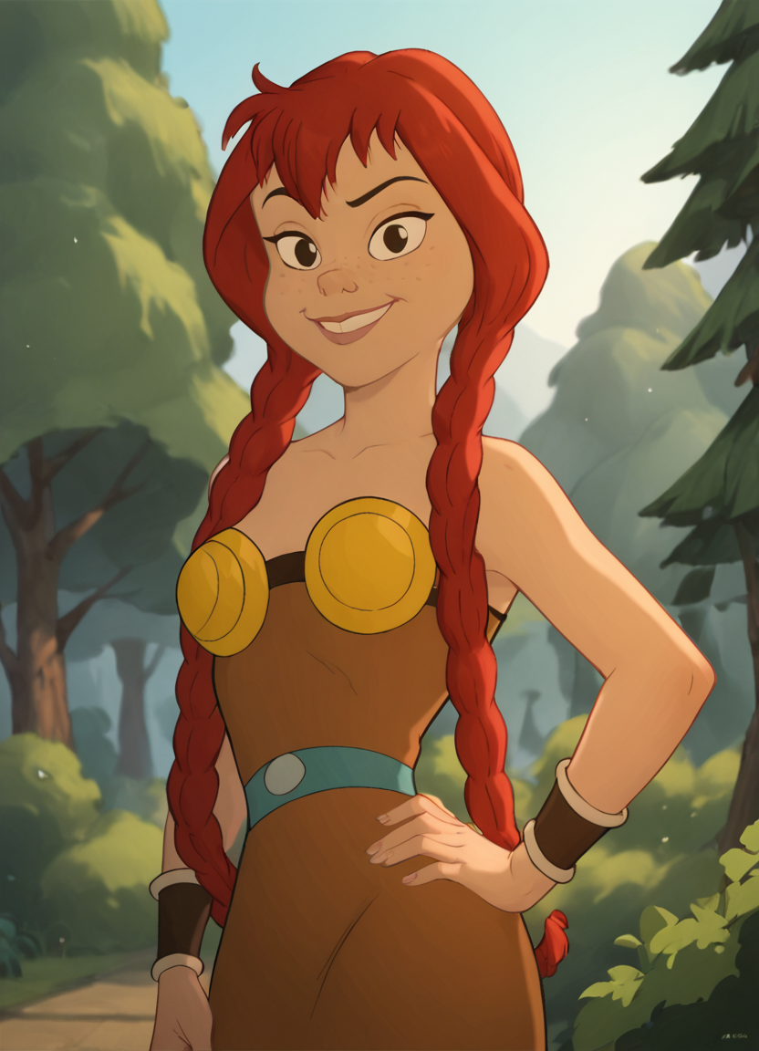 <lora:Abbapony:1> abba, 1girl, solo, breastplate, smile, dress, strapless, breasts, upper body,forest,, score_9, score_8_up, score_7_up, score_6_up, score_5_up, score_4_up, looking at viewer, hand on own hip, cowboy shot, portrait,