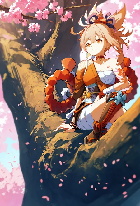1girl, yoimiya \(genshin impact\),
solo, japanese clothes, hadanugi dousa, cherry blossoms, orange kimono, bandages, kimono, sarashi, sitting, tree, bandaged leg, rope, tattoo, choker, blonde hair, shimenawa, bandaged arm, arm tattoo, branch, sash, chest tattoo, obi, petals, closed mouth, hair ornament, hair between eyes, ponytail, red choker, bangs, sitting in tree, breasts, in tree, fingerless gloves, gloves, flower, orange eye,
.
masterpiece, best quality, very aesthetic, absurdres
<lora:potgfornoob:0.95>