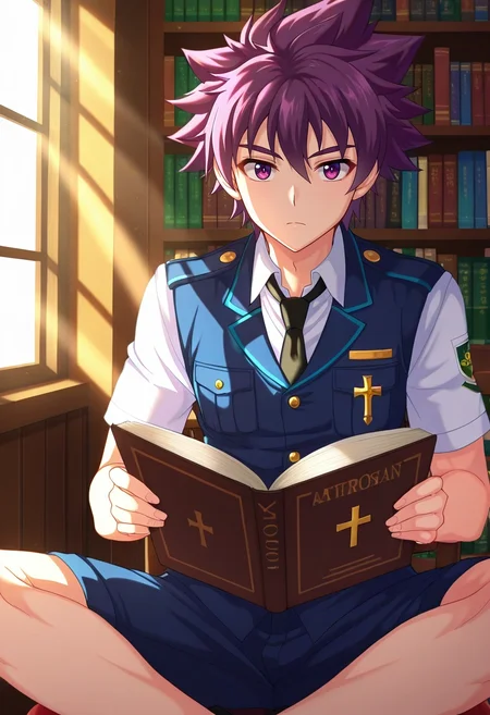 masterpiece, best quality, , anime screencap, , , looking at viewer, , 1boy, solo, male focus, <lora:yoichi_yukimura_ilxl:0.92>, yoichi_yukimura, purple hair, purple eyes, short hair, spiked hair, uniform, library, bookshelf, sunbeam, window, book, reading, afternoon, sitting cross-legged, absorbed expression,