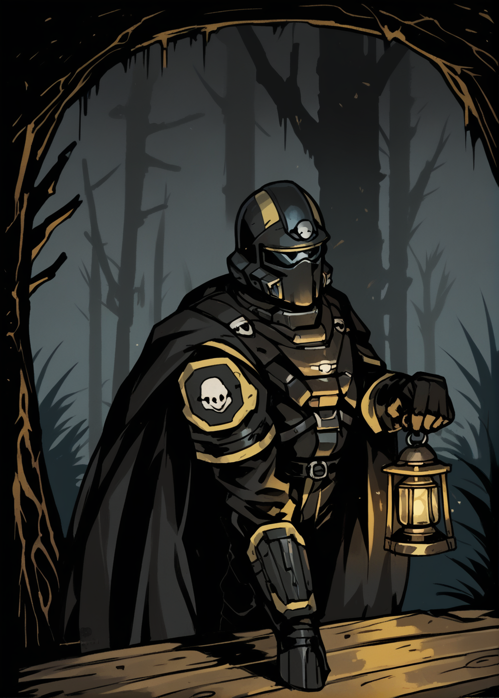 upper body, walking, dark forest background, dark sky, <lora:DarkestDungeon-Style:0.65>
BREAK  <lora:HelldiversXL:1> helldiver, helmet, solo, armor, cape,holding a lit lantern with one hand,, BREAK score_9, score_8_up, score_7_up, score_6_up, score_5_up,
