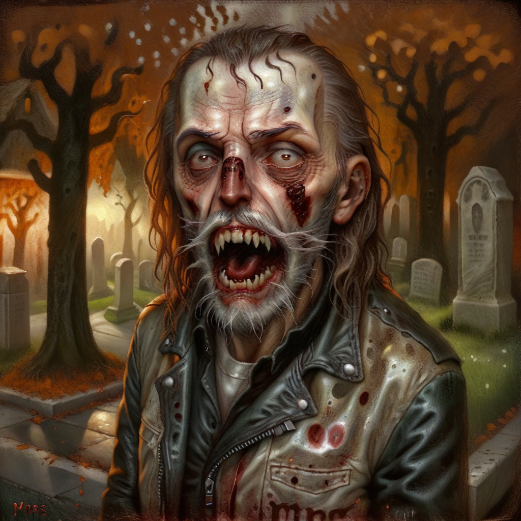 vampire grandfather, open mouth, blood on his teeth, beard, long dirty hair, old leather jacket, all dirty, cemetery on the background, nights, autumn, oil painting, rotten skin, by Chris Mars <lora:Chris_Mars:1> <lora:zkeleton:1>