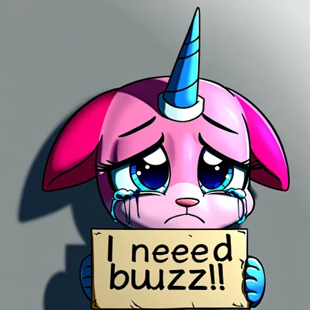 masterpiece, best quality, 1girl, solo, Unikitty, pink fur, blue eyes, ears down floppy ears, blue horn, single horn, two-tone fur, upper body, sad, crying, cute, frown, sad, need_buzz, holding sign