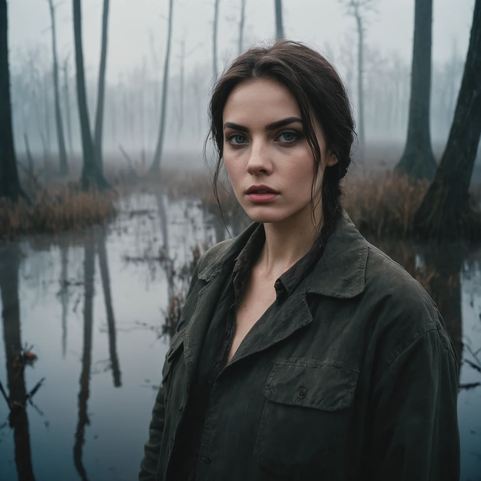 photoshoot, photo studio, RAW photo, editorial photograph, film stock photograph, cinematic, posing, swamp with mystic fog, water on the foreground, from horror movies, dark atmosphere, fisher with fishing rode in Brooding landscapes, epic scale, German myth, layered symbolic density, ((focused on eyes)), feminine expressions, photography, 35mm, Nikon D850 film stock photograph, Kodak Portra 400 camera f1.6 lens, 8k, UHD
