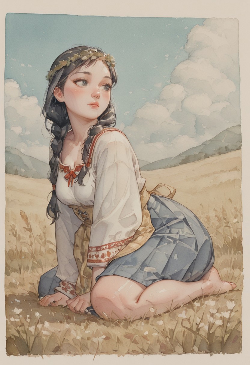 ( watercolor):2, (pastel colors), high detail, (lineless:1.2), (realistic), detailed, depth of field, dynamic lighting, masterpiece, detailed_eyes, high_quality, best_quality, highres, (muted colors), pencil lines, 
(in a field of golden rye ), blue sky, no clouds, brightly lit by the sun,
black hair, thick braid on the belt, curvy,plump, adult, stately, gray eyes, blush, eyes lined with black, high forehead, even parting, (no bangs),
white shirt with red embroidery, with wide sleeves, apron with embroidery, long blue pleated skirt, barefoot, bodice, folk clothing, full body. square neckline on the shirt, wreath of small flowers,
sits on his butt, on the ground,sits in the field, with his legs stretched out, looking to the side