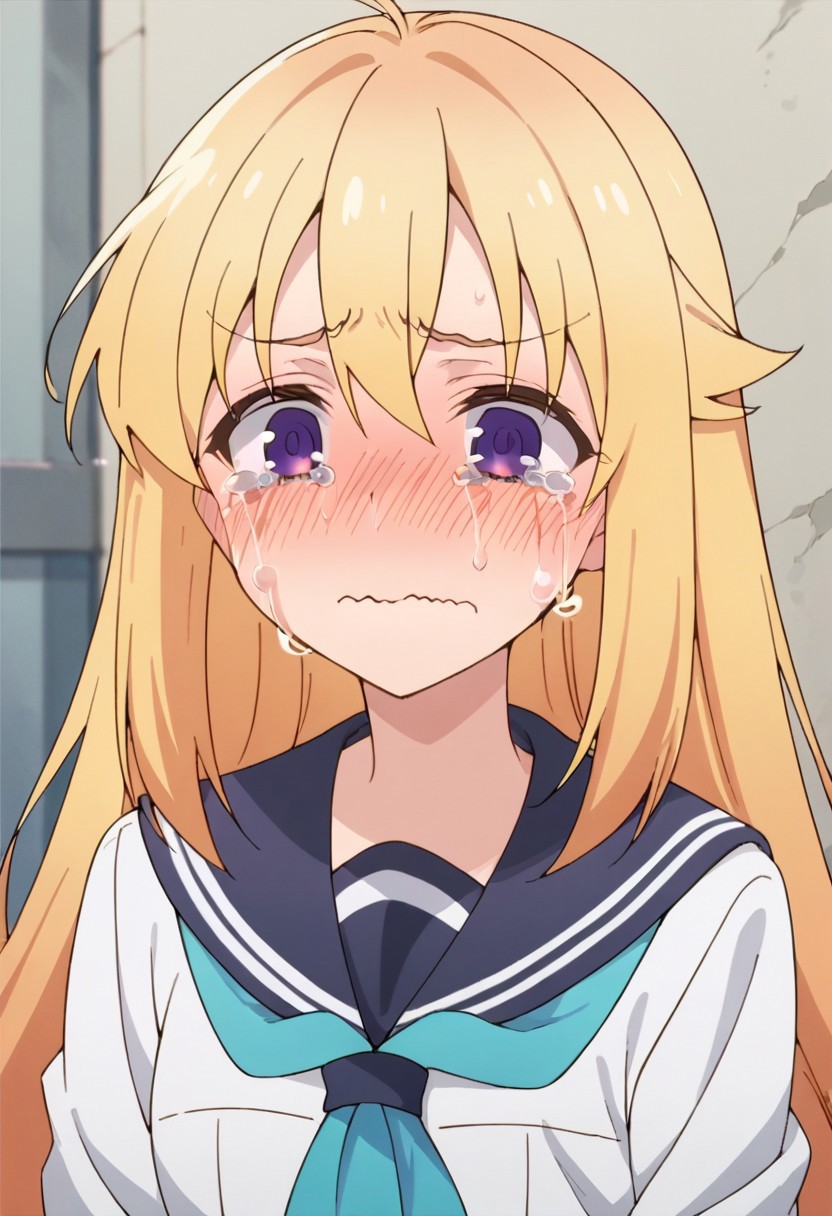 score_9, score_8_up, score_7_up, source_anime, koshi torako, long hair, blonde hair, purple eyes, 1girl, tears, solo, school uniform, wavy mouth, blush, crying, serafuku, sailor collar,  crying with eyes open