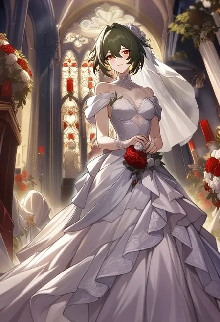 masterpiece, best quality, HONKAI STAR RAILWAY CHARACTER, 
1girl, extreamly detailed, beautiful detailed face, complex detailed background, BREAK, 
wedding dress