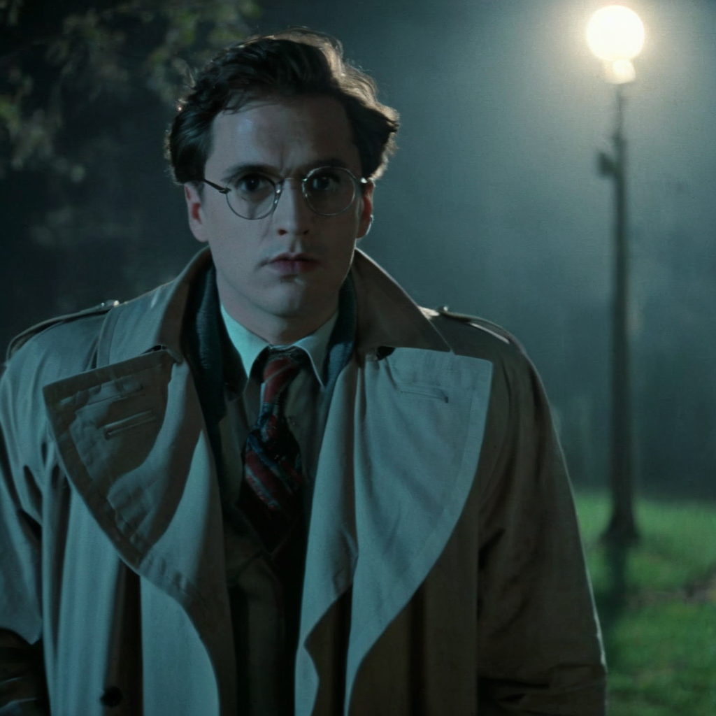 Horror-themed,  <lora:Fright Night 1985 Film Style:1>
Cinematic Medium Shot Film Footage captured by Panavision Cameras and Lenses a man in glasses and a trench coat holding a pipe while staring at camera outdoors at night, with blue moonlight above, Fright Night 1985 Film Style, Eerie, unsettling, dark, spooky, suspenseful, grim, highly detailed