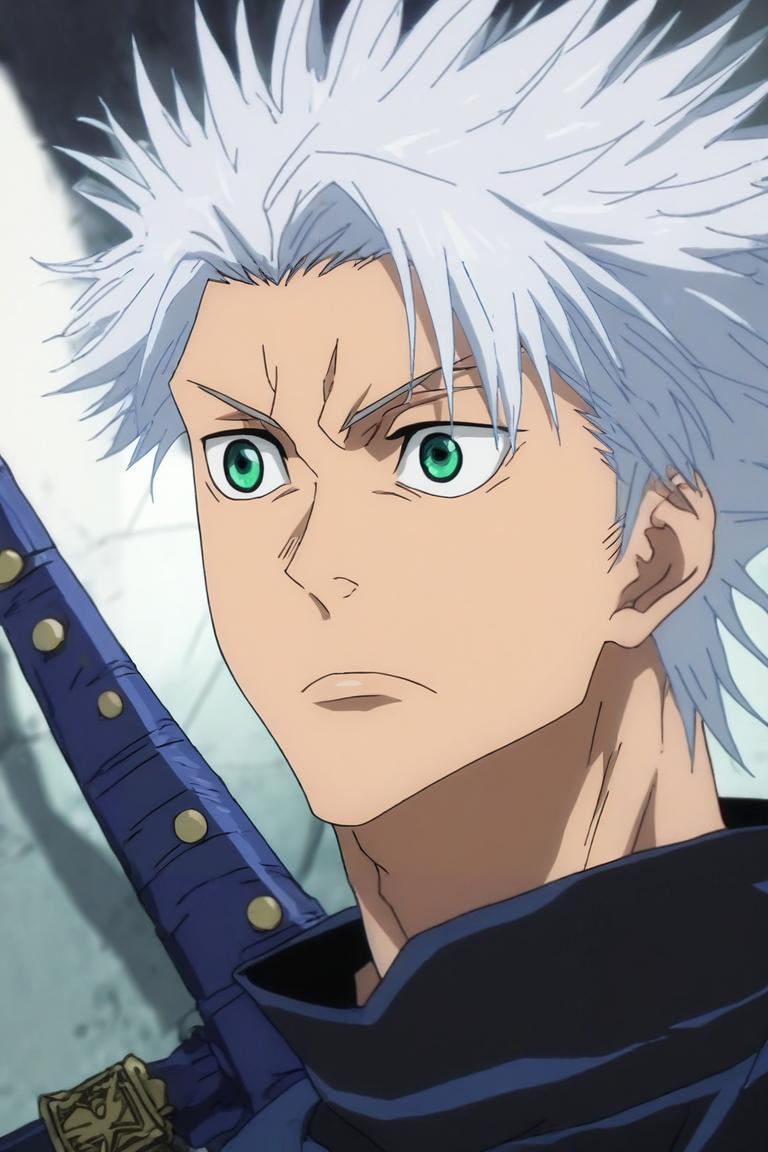 score_9, score_8_up, score_7_up, source_anime, rating_safe, , anime screencap, , , , upper body, , 1boy, male focus, <lora:toushirou_hitsugaya_pony:0.70>, toushirou_hitsugaya, white hair, green eyes, spiked hair, solo, weapon shop, <lora:jujutsu_kaisen_style_pony:0.98>, jujutsu_kaisen_style, <lora:sdxl_lightning_8step_lora:1>