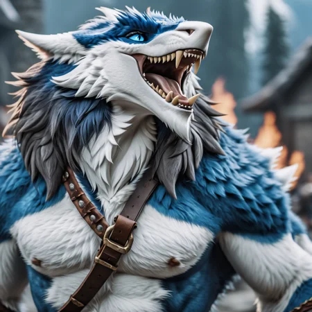 cinematic photo a luxuriously fluffy sergal barbarian in a battle rage, blue fur, white fur, grey eyes<lora:Sergal-XL-1.0-000014:1> . 35mm photograph, film, bokeh, professional, 4k, highly detailed