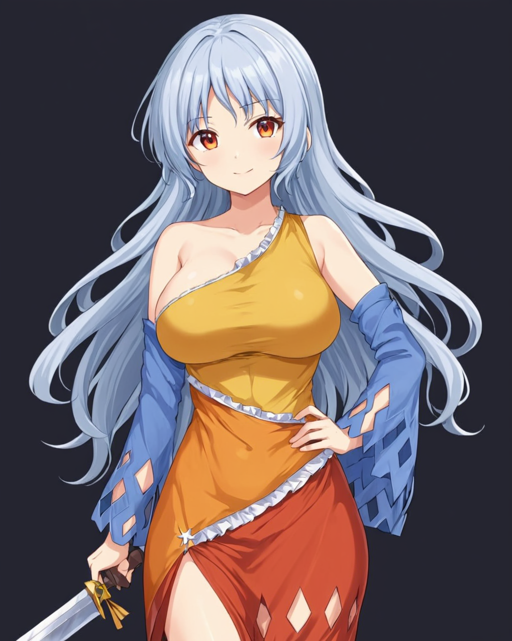 sakata nemuno,1girl, solo, covered_nipples, single_strap, multicolored_dress, large_breasts, bare_shoulders, looking_at_viewer, detached_sleeves, simple_background, cowboy_shot, black_background, orange_dress, smile, closed_mouth, collarbone, no_bra, weapon, taut_dress, red_dress, hand_on_hip, side_slit, standing, yellow_dress, arm_at_side, lips
<lora:sakata_nemuno_image573_2023-12-20-000015:1>,star-shaped_pupils,symbol-shaped_pupils,. gorgeous,key visual, vibrant, studio anime,award-winning, professional, highly detailed,high budget, cinemascope