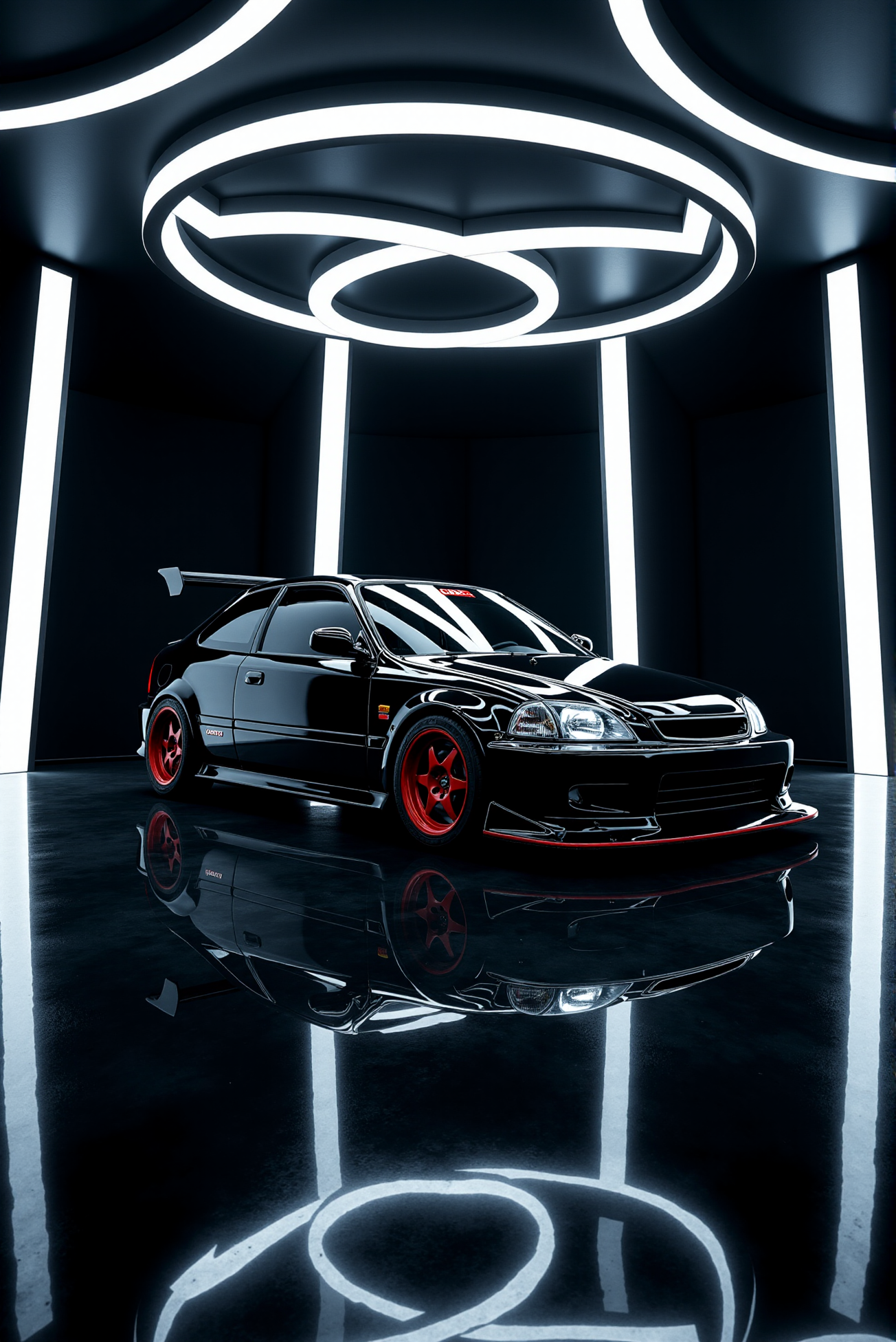 <lora:Honda_Civic_Type-R_EK9:1.0> Honda Civic Type-R EK9. 
Centered beneath a geometric halo of suspended LED rings in a matte-black infinity room, the (Honda Civic Type-R EK9 from '90) glistens like a concept sculpture in a museum of speed. The entire environment is engineered for controlled reflectionâpanoramic gloss floors mirror the carâs flared side skirts and red-trimmed wheels, while vertical strips of cool white light wrap around its aerodynamic silhouette. Captured in a wide-angle, low-ground camera shot that exaggerates its aggressive stance and sharp character lines, the composition conveys bold futurism and static intensity. The lighting direction is clinical yet dramatic, creating rim-lighting effects along its roofline and spoiler edges, with a hyper-clean finish that evokes advanced design studios and premium automotive showcases.  (A mirror-like, ultra-gloss finish of the car produces vivid, sparkling glints of light across its surface:1.1).