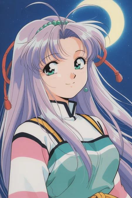 masterpiece, best quality, source_anime,official art,perfect_anatomy,1990s_\(style\),retro_artstyle,1girl,Shaorin,jewelry,ahoge,long_hair,purple_hair,dress,long_sleeves ,(beautiful detailed face,looking_at_viewer,smile),portrait,close to viewer,moonlight,starry_sky,crescent_moon