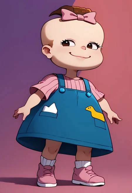 score_9, score_8, score_7, 1girl, solo, LilRugrats, child, bow, pink bow, overalls, cute, colorful background, closed mouth, smile, pose, full body, Dutch angle, bare legs,