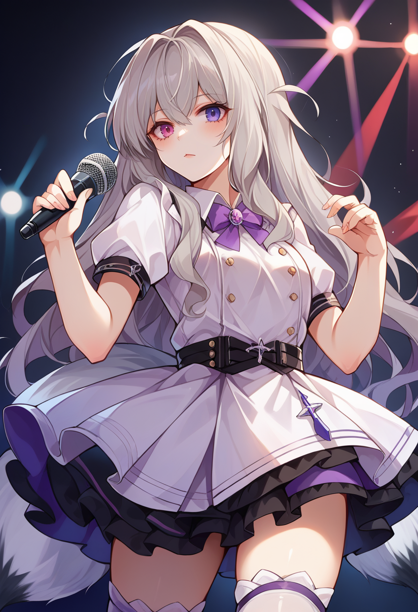 score_9, score_8_up, source_anime, 1girl, solo, Murmansk, heterochromia, fox tail, two tails, grey hair, long hair, idol, idol uniform, bowtie, skirt, brooch, dress, concert, on stage, frilled skirt, jewelry, layered dress, short sleeves, midriff, thighhighs, microphone, holding microphone, stage lights, <lora:ChamMurmanskPonyXL:1>