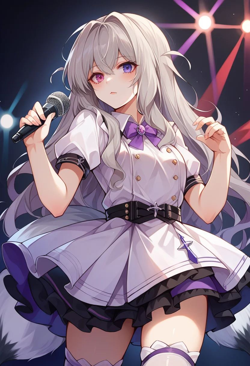 score_9, score_8_up, source_anime, 1girl, solo, Murmansk, heterochromia, fox tail, two tails, grey hair, long hair, idol, idol uniform, bowtie, skirt, brooch, dress, concert, on stage, frilled skirt, jewelry, layered dress, short sleeves, midriff, thighhighs, microphone, holding microphone, stage lights, <lora:ChamMurmanskPonyXL:1>
