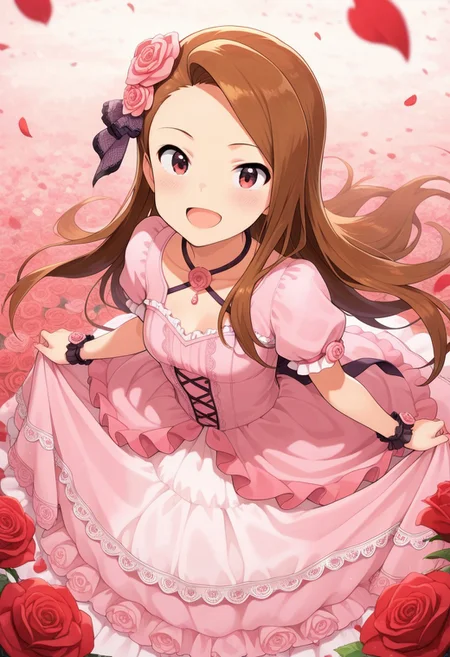 masterpiece,best quality,amazing quality, minase iori, long hair, brown hair, brown eyes, 1girl, flower, solo, dress, open mouth, smile, rose, hair ornament, looking at viewer, petals, hair flower, pink dress