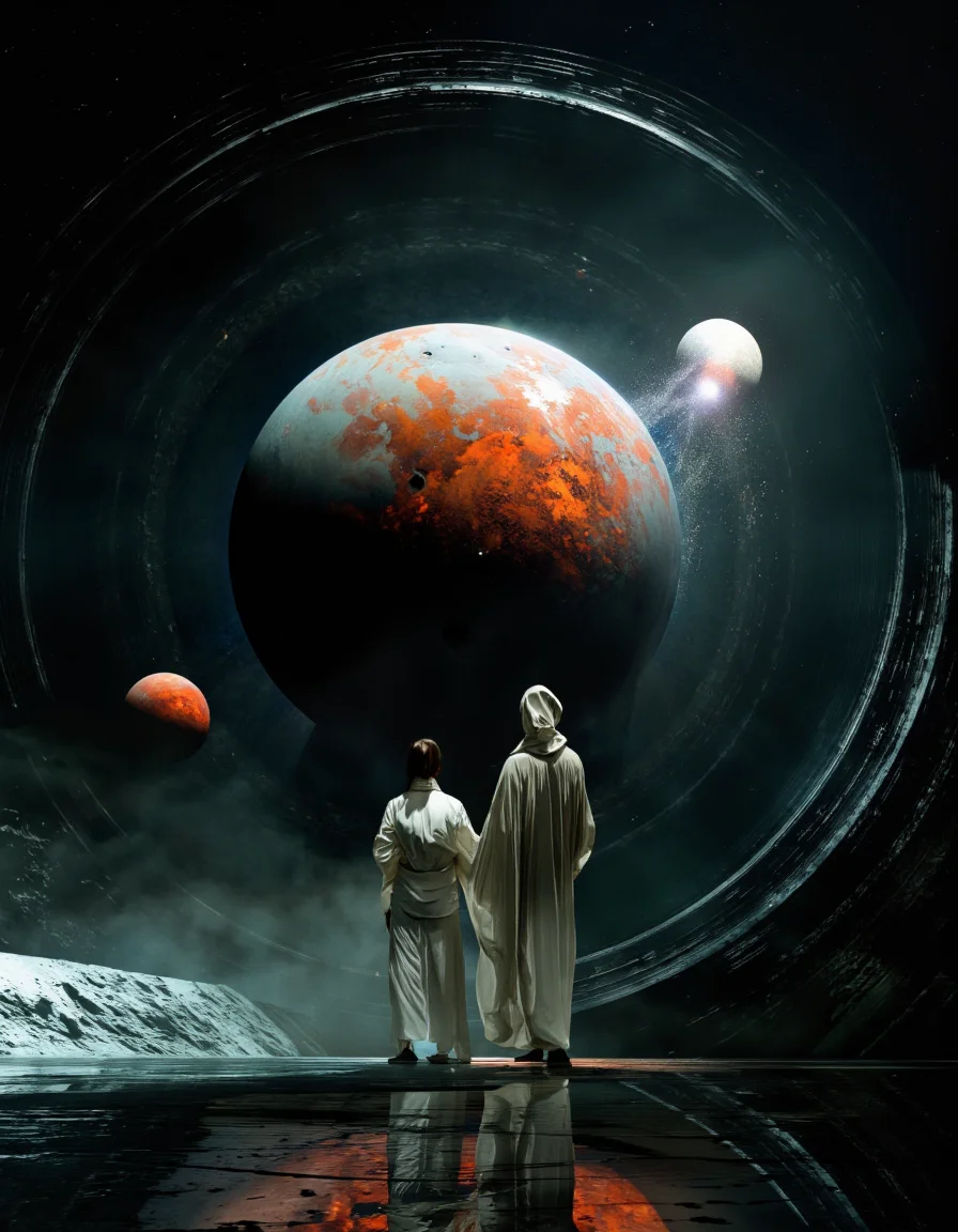 Art by Col Price. A photo-realistic shoot from a far camera angle about a surreal scene featuring two figures standing in front of a large, glowing planet in a dark, circular space with two smaller planets visible in the distance. the scene is set in a dimly lit, futuristic environment with a high-resolution, cinematic feel. the image also shows two smaller, glowing planets, one red and one white, in the background. on the left of the image, a man and a woman, both wearing light-colored clothing, appear to be standing close together, facing away from the viewer, with the man's arm around the woman's waist. they are standing on a reflective surface, with their hands in their pockets, and they are both facing the same direction. the man is wearing a hooded cloak, while the woman has her hand on his hip. the atmosphere is dramatic, with a focus on the two figures and the planet. the lighting is dramatic and dramatic, creating a sense of depth and dimensionality in the scene.