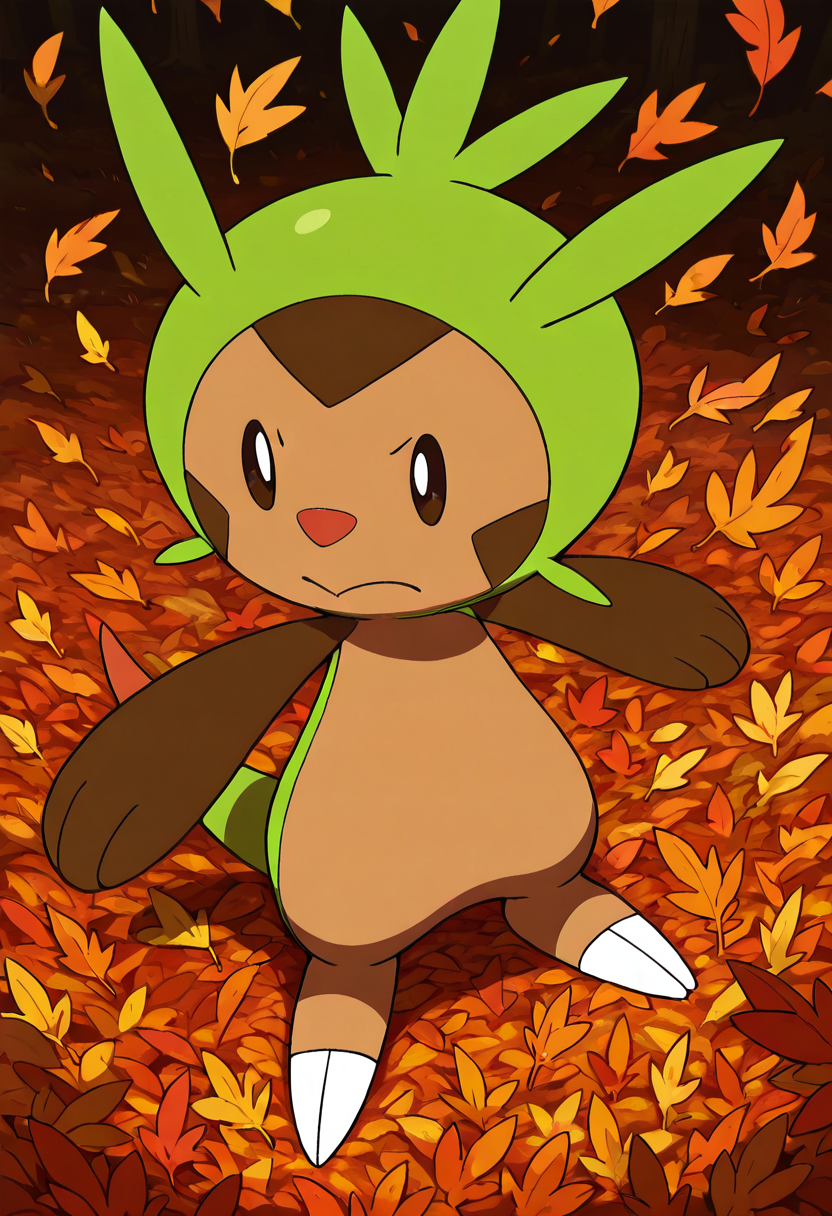 masterpiece, best quality, no humans, solo,    zzChespin, buried under a massive pile of autumn leaves with just its leafy hat sticking out, suddenly sneezing and sending leaves flying everywhere in a burst of giggles.    ,<lora:ChespinPokedex_IXL:1.0>,