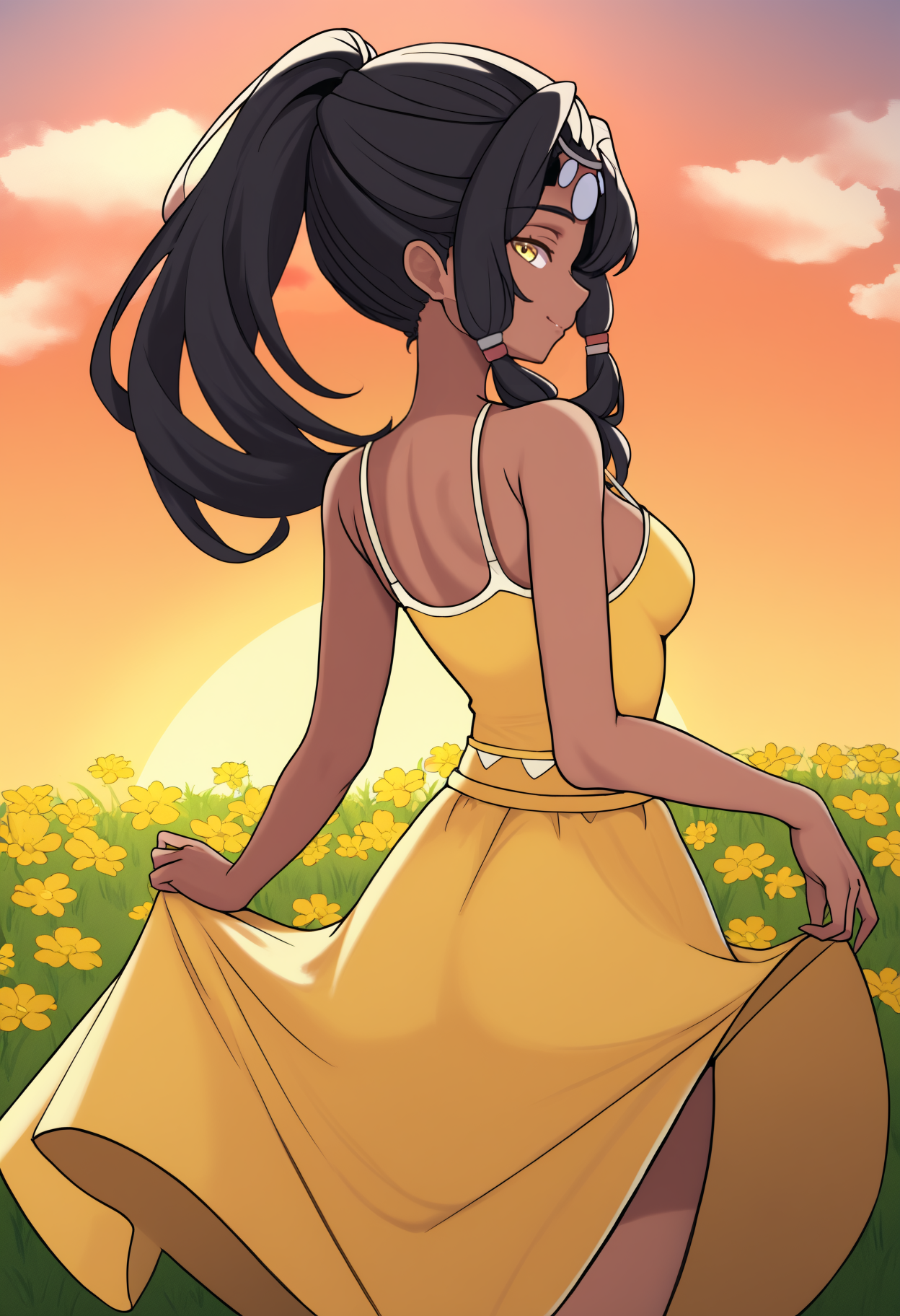 newest, from behind, solo, 1girl, dark-skinned female, smile, looking back, skirt hold, long hair, black hair, sidelocks, hair tubes, ponytail, circlet, yellow eyes, yellow sundress, spaghetti strap, bare shoulders, outdoors, sunset, cloud, grass, flower field
<segment:yolo-Anzhc Face seg 640 v3 y11n.pt,0.5,1//cid=11>