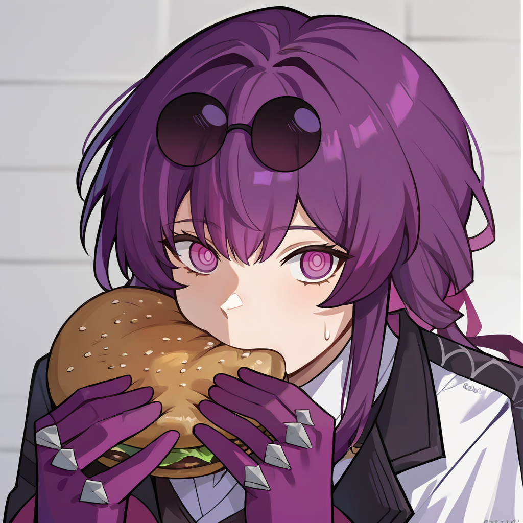 score_9, score_8_up, score_7_up, score_6_up, source_anime, 1girl, solo, <lora:kafka-pdxl-nvwls-v1-000005:1> hsrkf, purple hair, purple eyes, blank eyes, low ponytail, sunglasses on head, black jacket, collared shirt, white shirt, long sleeves, high-waist shorts, black shorts, purple gloves <lora:jermawhopper-pdxl-nvwls-v1:1> jermaWhopper, eating, burger, looking at you, upper body