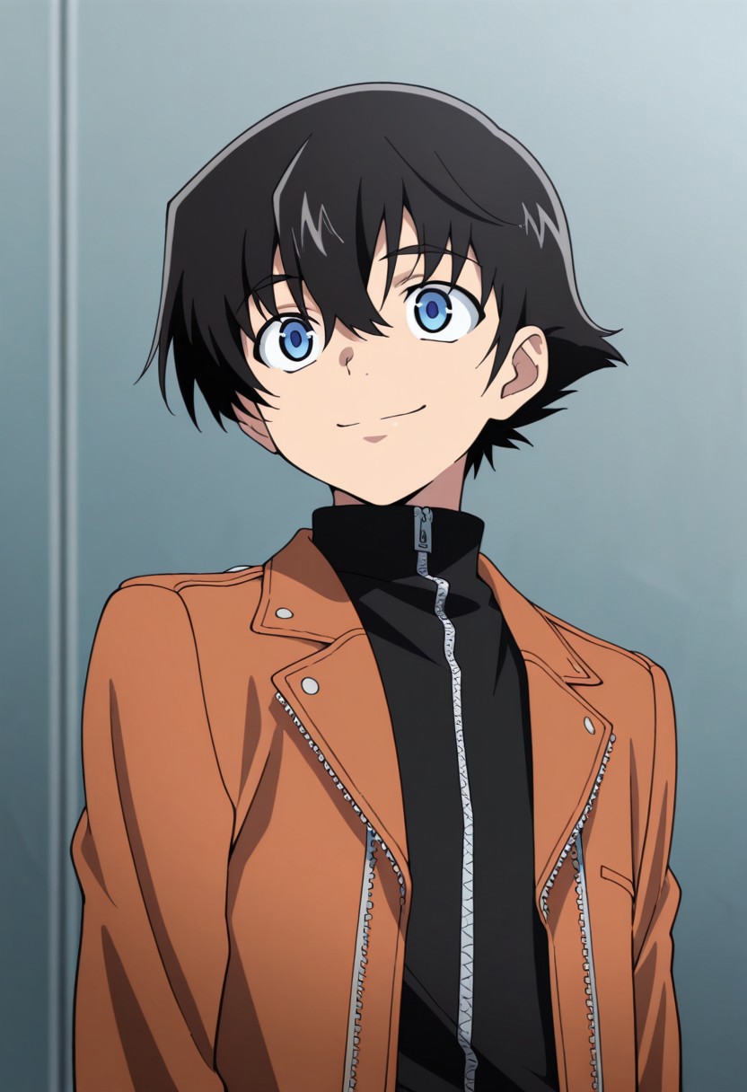 masterpiece,best quality,amazing quality, source_anime, 
YukiteruAmano, 1boy, male focus, solo, blue eyes, black hair, black shirt, turtleneck, zipper, jacket, brown jacket, open jacket, smile,