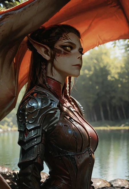 masterpiece, ultra-HD, cinematic lighting, photorealistic, impressionism (1.5), high detail, depth of field, (blurred background), (dramatic lighting),masterpiece, best quality, very aesthetic,8k,lae'zel, 1girl, gith (d&d), slit pupils, yellow eyes, facial mark , pointy ears, scar on face, scar on mouth, scar on forehead,  braided sidelock,  brown hair,  colored skin,  body freckles, toned,  dungeons & dragons, medium breasts,  reflection, wet,  relaxed, dappled sunlight, outdoors, shoulder armor, armor, ridding a red dragon, flying over lake,
masterpiece, best quality, amazing quality, usnr,